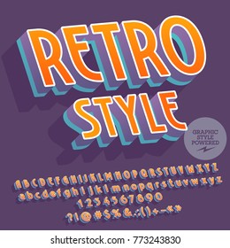 Vector retro Font with Graphic style. Set of orange inclined Alphabet letters, Numbers and Punctuation Symbols with shadow.