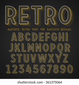 Vector Retro Font with shadow. Vintage Alphabet on grunge background
