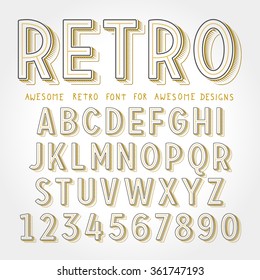 Vector Retro Font with shadow. Vintage Alphabet on grunge background