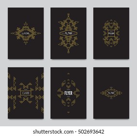 Vector retro frame, vintage label, logo templates. Geometric line pattern style ethnic flyer, poster, card, gold invitation, deluxe, vip design set. Shape deconstruction is possible.