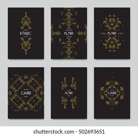 Vector retro frame, vintage label, logo templates. Geometric line pattern style ethnic flyer, poster, card, gold invitation, deluxe, vip design set. Shape deconstruction is possible.