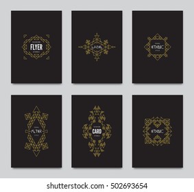 Vector retro frame, vintage label, logo templates. Geometric line pattern style ethnic flyer, poster, card, gold invitation, deluxe, vip design set. Shape deconstruction is possible.