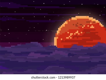 Vector retro futuristic background. Abstract digital landscape with particles dots and stars on horizon. Pixel art background. 8 bit.