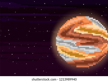 Vector retro futuristic background. Abstract digital landscape with particles dots and stars on horizon. Pixel art background. 8 bit.