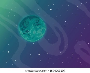 Vector retro futuristic background. Abstract digital landscape with particles dots and stars on horizon. Pixel art background. 8 bit. Planet in space. Retro game design interface. 