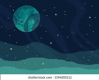 Vector retro futuristic background. Abstract digital landscape with particles dots and stars on horizon. Pixel art background. 8 bit. Planet in space. Retro game design interface. 