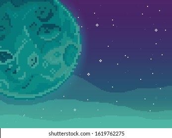 Vector retro futuristic background. Abstract digital landscape with particles dots and stars on horizon. Pixel art background. 8 bit. Planet in space. Retro game design interface. 
