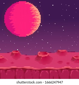 Vector retro futuristic background. Abstract digital landscape with particles dots and stars on horizon. Pixel art background. 8 bit. Planet in space. Retro game design interface. 