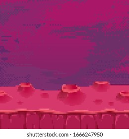 Vector retro futuristic background. Abstract digital landscape with particles dots and stars on horizon. Pixel art background. 8 bit. Planet in space. Retro game design interface. 