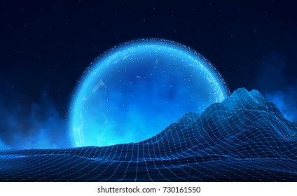 Vector retro futuristic background. Abstract digital landscape with particles dots and stars on horizon. Wireframe landscape background. Big Data Digital retro landscape Retro Sci-Fi Background.