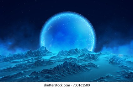 Vector retro futuristic background. Abstract digital landscape with particles dots and stars on horizon. Wireframe landscape background. Big Data Digital retro landscape Retro Sci-Fi Background.