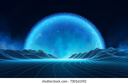Vector retro futuristic background. Abstract digital landscape with particles dots and stars on horizon. Wireframe landscape background. Big Data Digital retro landscape Retro Sci-Fi Background.