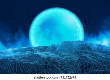 Vector retro futuristic background. Abstract digital landscape with particles dots and stars on horizon. Wireframe landscape background. Big Data Digital retro landscape Retro Sci-Fi Background.