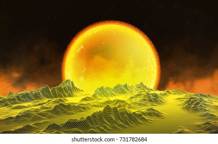 Vector retro futuristic background. Abstract digital landscape with particles dots and stars on horizon. Wireframe landscape background. Big Data Digital retro landscape Retro Sci-Fi Background.