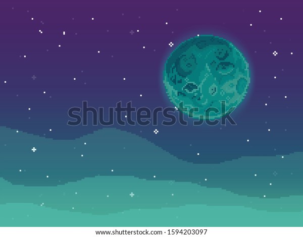 Vector\
retro futuristic background. Abstract digital landscape with\
particles dots and stars on horizon. Pixel art background. 8 bit.\
Planet in space. Retro game design interface.\

