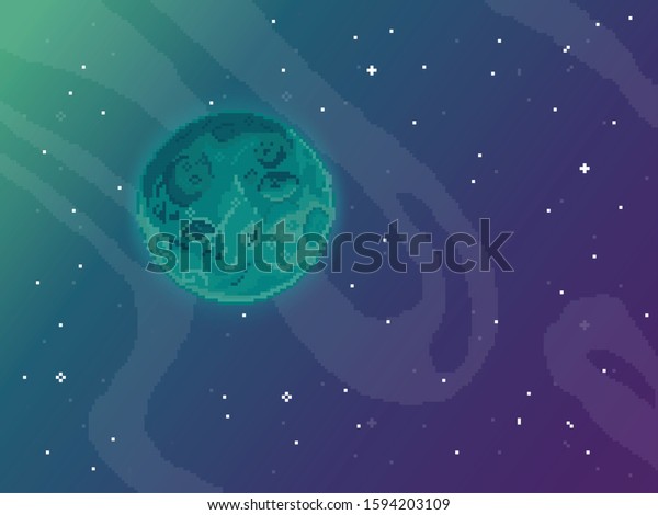 Vector\
retro futuristic background. Abstract digital landscape with\
particles dots and stars on horizon. Pixel art background. 8 bit.\
Planet in space. Retro game design interface.\

