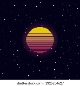 Vector retro futuristic background. Si-fi. Abstract digital landscape with particles dots and stars on horizon. Pixel art background. 8 bit.