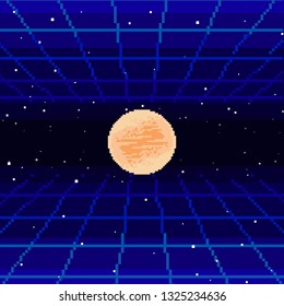 Vector retro futuristic background. Si-fi. Abstract digital landscape with particles dots and stars on horizon. Pixel art background. 8 bit.