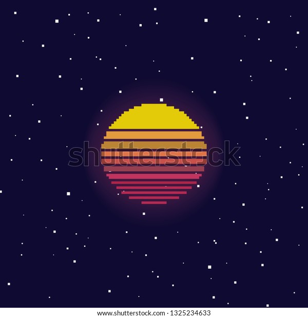 Vector retro futuristic background. Si-fi. Abstract\
digital landscape with particles dots and stars on horizon. Pixel\
art background. 8 bit.