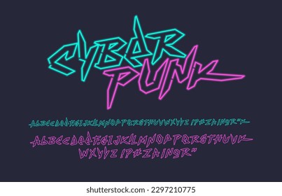 Vector Retro futuristic Cyberpunk type font in 90s style with neon light style alphabet concept. Retro Futuristic Neon lettering set. Pop Culture 90s font. Vintage type font