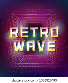 Vector Retro Futuristic Illustration in Style of 80s. Laser Grids in Outer Space and 'Retrowave' Text over Them