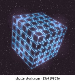 Vector Retro Futuristic Illustration in Style of 80s. Laser Neon Mesh Cubes Matrix in Outer Space