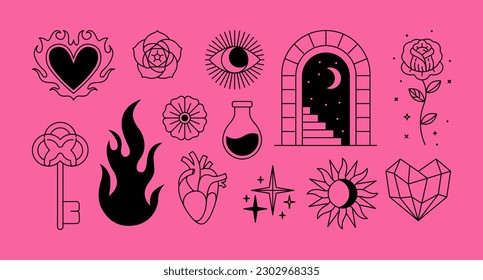 Vector retro futuristic neo grunge elements for print and graphic designs, abstract shapes y2k, figures, wireframe, flames, tattoo gothic style, stickers, stars, hearts and logo templates