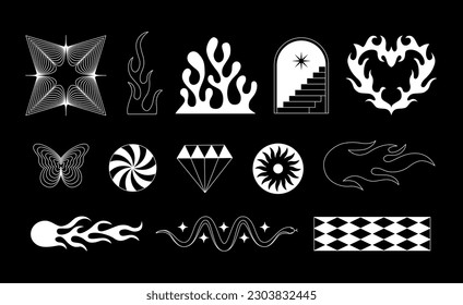 Vector retro futuristic neo grunge elements for print and graphic designs, abstract shapes y2k, figures, wireframe, flames, tattoo gothic style, stickers, stars, hearts and logo templates