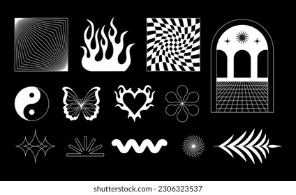 Vector retro futuristic neo grunge elements for print and graphic designs, abstract shapes y2k, figures, wireframe, flames, tattoo gothic style, stickers, stars, hearts and logo templates