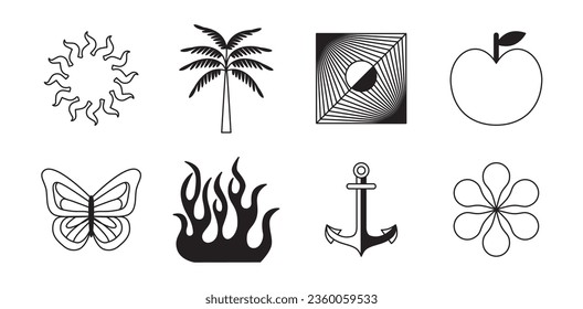 Vector retro futuristic neo grunge elements for print and graphic designs, abstract shapes y2k, figures, wireframe, flames, tattoo gothic and boho style, stickers, stars, hearts and logo templates
