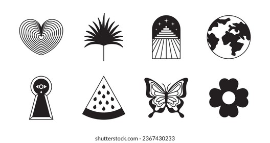 Vector retro futuristic neo grunge elements for print and graphic designs, abstract shapes y2k, figures, wireframe, flames, tattoo gothic and boho style, stickers, stars, hearts and logo templates
