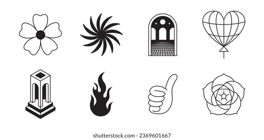 Vector retro futuristic neo grunge elements for print and graphic designs, abstract shapes y2k, figures, wireframe, flames, tattoo gothic and boho style, stickers, stars, hearts and logo templates