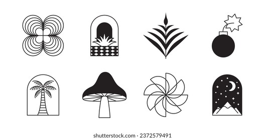 Vector retro futuristic neo grunge elements for print and graphic designs, abstract shapes y2k, figures, wireframe, flames, tattoo gothic and boho style, stickers, stars, hearts and logo templates