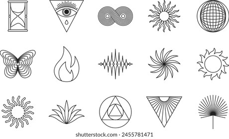 Vector retro futuristic neo grunge elements for print and graphic designs, abstract shapes y2k, figures, wireframe, flames, tattoo gothic and boho style, stickers, stars, hearts and logo templates

