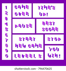 Vector retro game lettering pixel isometric voxel purple on white strart new game pause stop level you win time's up best, score,