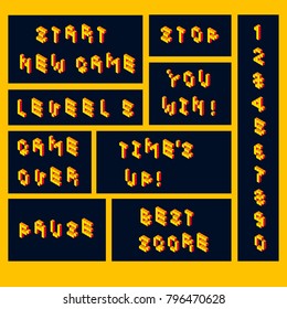 Vector retro game lettering pixel isometric voxel yellow on black strart new game pause stop level you win time's up best, score,
