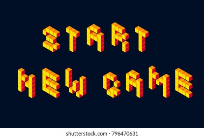 Vector retro game lettering pixel isometric voxel yellow on black start new game