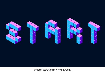 Vector retro game lettering pixel isometric voxel blue on black start