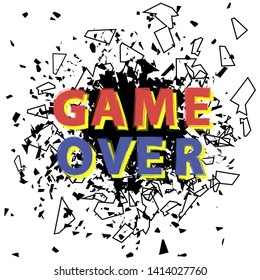 Vector Retro Game Over Sign with Explosion on White Background. Gaming Concept. Video Game Screen.