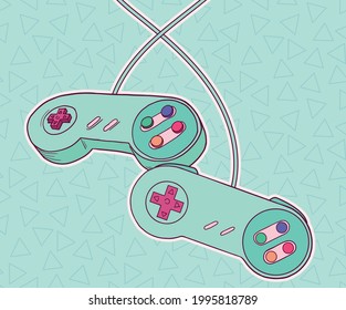vector retro gamepad in green and pink, cartoon style