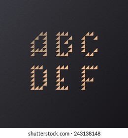 Vector Retro Geometric Triangle Font from A to F. Gold letters on black paper background