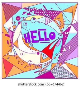 Vector Retro geometrical vintage 80â??s memphis fashion style pattern illustration background. Ideal for fabric design paper print and website backdrop. vector file hello greeting card.