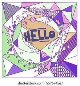 Vector Retro geometrical vintage 80â??s memphis fashion style pattern illustration background. Ideal for fabric design paper print and website backdrop. vector file hello greeting card.