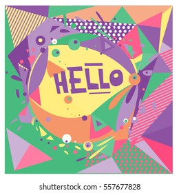 Vector Retro geometrical vintage 80â??s memphis fashion style pattern illustration background. Ideal for fabric design paper print and website backdrop. vector file hello greeting card.