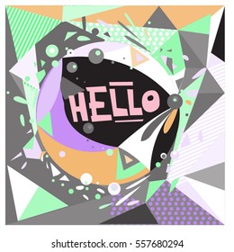 Vector Retro geometrical vintage 80â??s memphis fashion style pattern illustration background. Ideal for fabric design paper print and website backdrop. vector file hello greeting card.