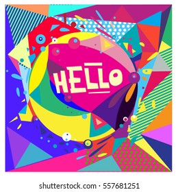 Vector Retro geometrical vintage 80â??s memphis fashion style pattern illustration background. Ideal for fabric design paper print and website backdrop. vector file hello greeting card.