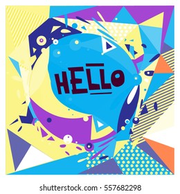 Vector Retro geometrical vintage 80â??s memphis fashion style pattern illustration background. Ideal for fabric design paper print and website backdrop. vector file hello greeting card.