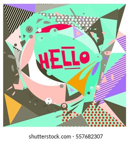 Vector Retro geometrical vintage 80â??s memphis fashion style pattern illustration background. Ideal for fabric design paper print and website backdrop. vector file hello greeting card.