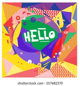 Vector Retro geometrical vintage 80â??s memphis fashion style pattern illustration background. Ideal for fabric design paper print and website backdrop. vector file hello greeting card.