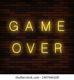 Vector Retro Glass Neon Game Over Sign on Solid Red Brick Wall Background. Gaming Concept. Video Game Screen.